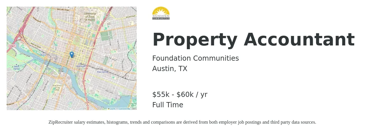 Foundation Communities job posting for a Property Accountant in Austin, TX with a salary of $55,000 to $60,000 Yearly with a map of Austin location.