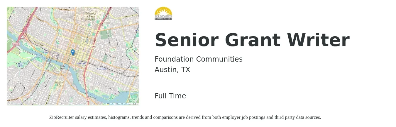 Foundation Communities job posting for a Senior Grant Writer in Austin, TX with a salary of $60,000 Yearly with a map of Austin location.