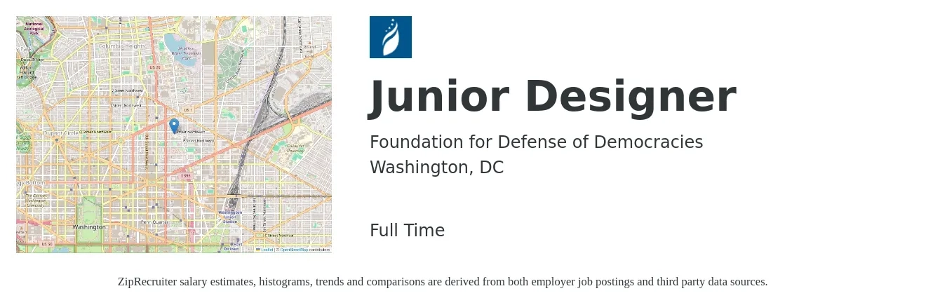 Foundation for Defense of Democracies job posting for a Junior Designer in Washington, DC with a salary of $51,500 to $74,200 Yearly with a map of Washington location.