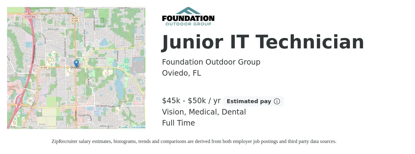 Foundation Outdoor Group job posting for a Junior IT Technician in Oviedo, FL with a salary of $45,000 to $50,000 Yearly and benefits including dental, life_insurance, medical, pto, retirement, and vision with a map of Oviedo location.