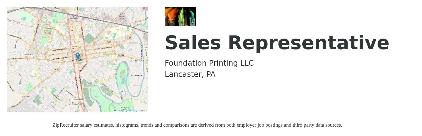 Foundation Printing LLC job posting for a Sales Representative in Lancaster, PA with a salary of $52,000 to $90,400 Yearly with a map of Lancaster location.