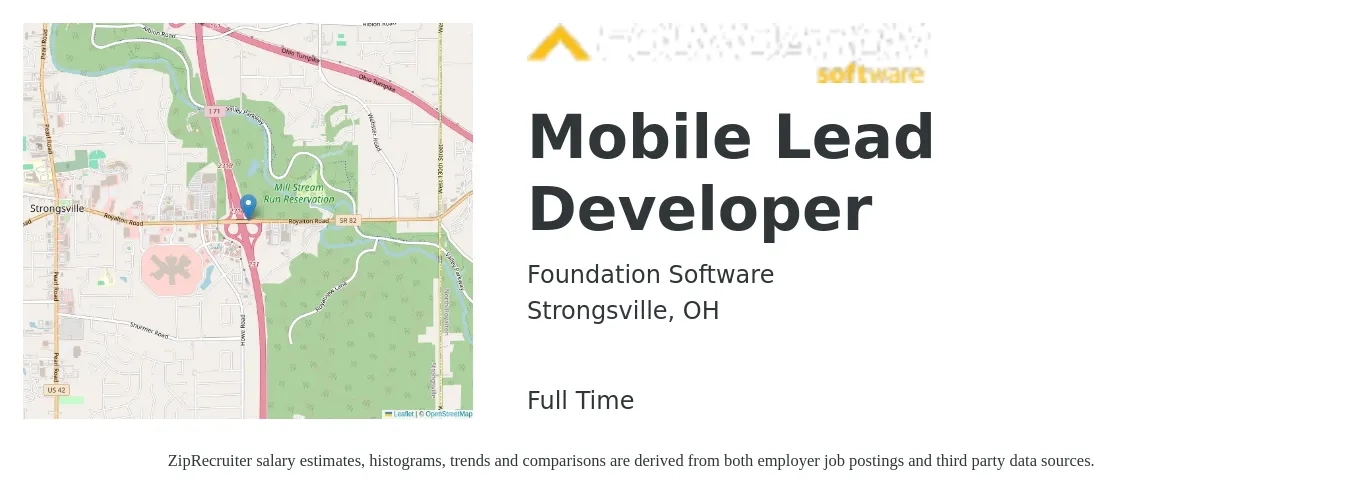 Foundation Software job posting for a Mobile Lead Developer in Strongsville, OH with a salary of $110,300 to $146,700 Yearly with a map of Strongsville location.
