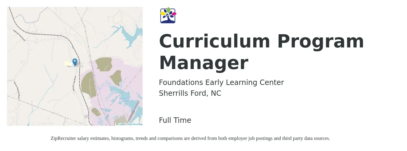 Foundations Early Learning Center job posting for a Curriculum Program Manager in Sherrills Ford, NC with a salary of $19 to $22 Hourly with a map of Sherrills Ford location.