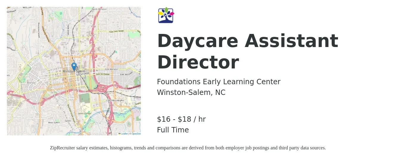 Foundations Early Learning Center job posting for a Daycare Assistant Director in Winston-Salem, NC with a salary of $17 to $19 Hourly with a map of Winston-Salem location.