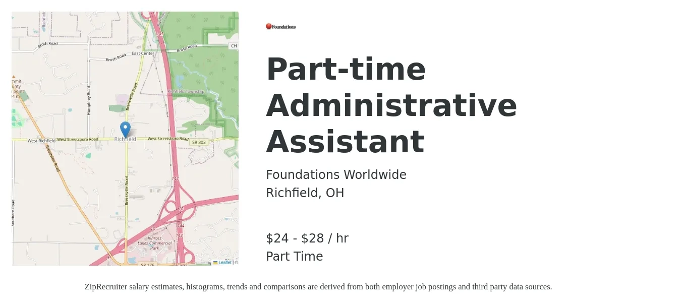 Foundations Worldwide job posting for a Part-time Administrative Assistant in Richfield, OH with a salary of $25 to $30 Hourly with a map of Richfield location.
