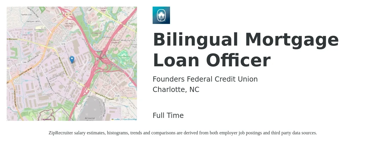 Founders Federal Credit Union job posting for a Bilingual Mortgage Loan Officer in Charlotte, NC with a salary of $48,900 to $94,100 Yearly with a map of Charlotte location.