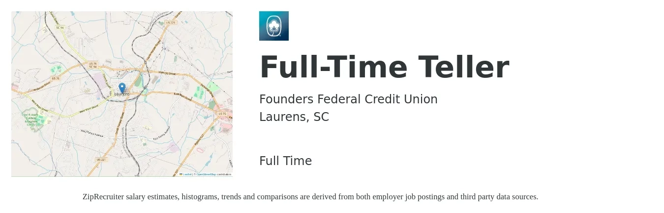 Founders Federal Credit Union job posting for a Full-Time Teller in Laurens, SC with a salary of $14 to $17 Hourly with a map of Laurens location.