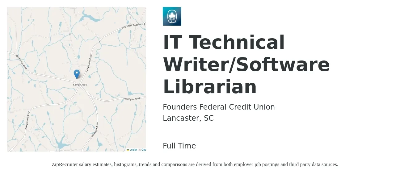 Founders Federal Credit Union job posting for a IT Technical Writer/Software Librarian in Lancaster, SC with a salary of $24 to $40 Hourly with a map of Lancaster location.
