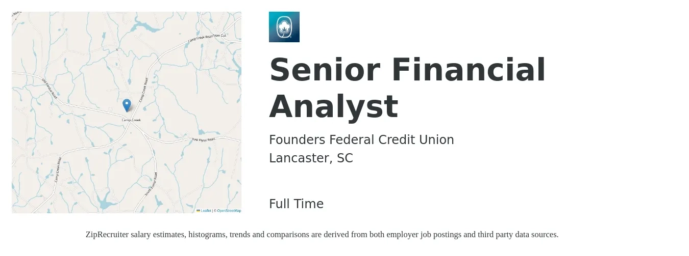 Founders Federal Credit Union job posting for a Senior Financial Analyst in Lancaster, SC with a salary of $69,500 to $86,600 Yearly with a map of Lancaster location.