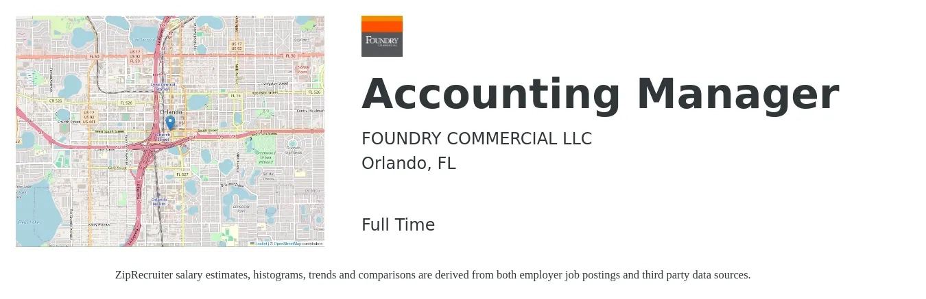 FOUNDRY COMMERCIAL LLC job posting for a Accounting Manager in Orlando, FL with a salary of $72,800 to $104,500 Yearly with a map of Orlando location.