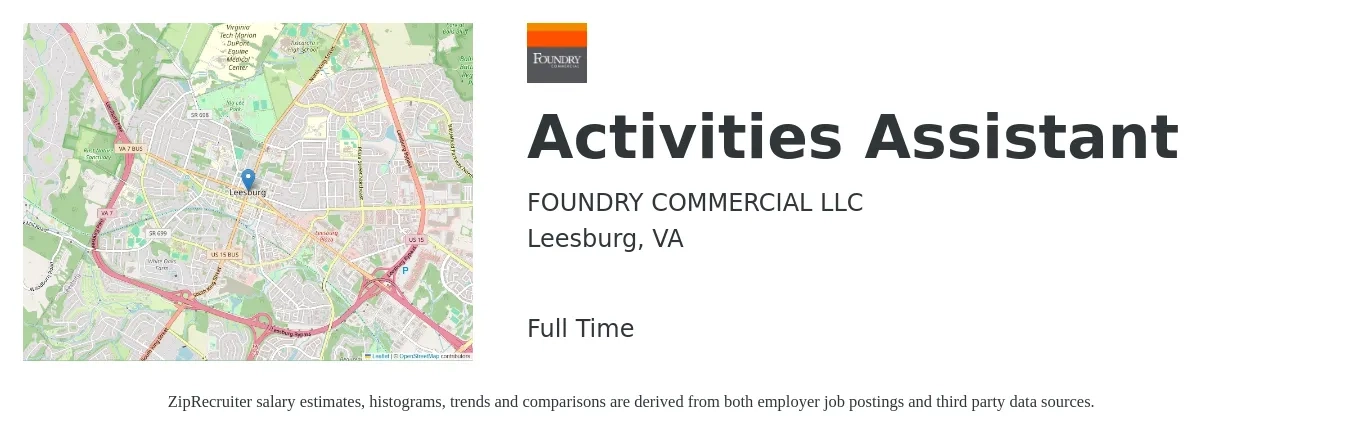 FOUNDRY COMMERCIAL LLC job posting for a Activities Assistant in Leesburg, VA with a salary of $15 to $18 Hourly with a map of Leesburg location.