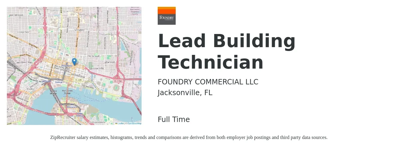 FOUNDRY COMMERCIAL LLC job posting for a Lead Building Technician in Jacksonville, FL with a salary of $38,700 to $50,200 Yearly with a map of Jacksonville location.
