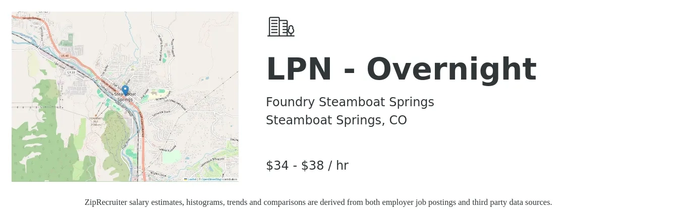 Foundry Steamboat Springs job posting for a LPN - Overnight in Steamboat Springs, CO with a salary of $36 to $40 Hourly with a map of Steamboat Springs location.