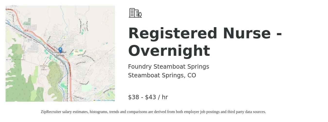 Foundry Steamboat Springs job posting for a Registered Nurse - Overnight in Steamboat Springs, CO with a salary of $40 to $45 Hourly with a map of Steamboat Springs location.