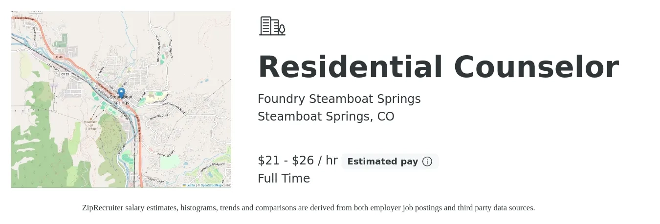 Foundry Steamboat Springs job posting for a Residential Counselor in Steamboat Springs, CO with a salary of $22 to $27 Hourly with a map of Steamboat Springs location.