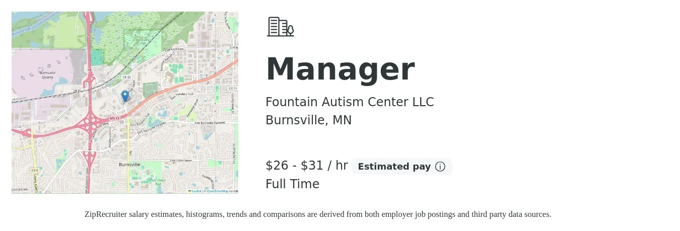 Fountain Autism Center LLC job posting for a Manager in Burnsville, MN with a salary of $28 to $33 Hourly (plus commission) and benefits including pto with a map of Burnsville location.
