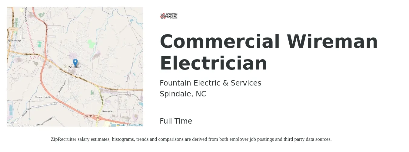 Fountain Electric & Services job posting for a Commercial Wireman Electrician in Spindale, NC with a salary of $22 to $30 Hourly with a map of Spindale location.