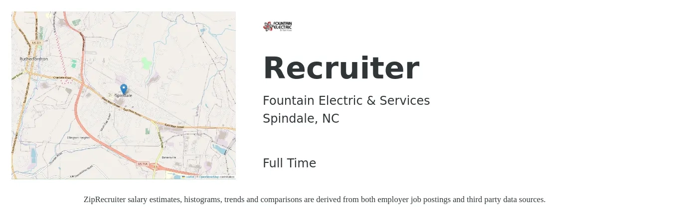 Fountain Electric & Services job posting for a Recruiter in Spindale, NC with a salary of $37,000 to $52,800 Yearly with a map of Spindale location.