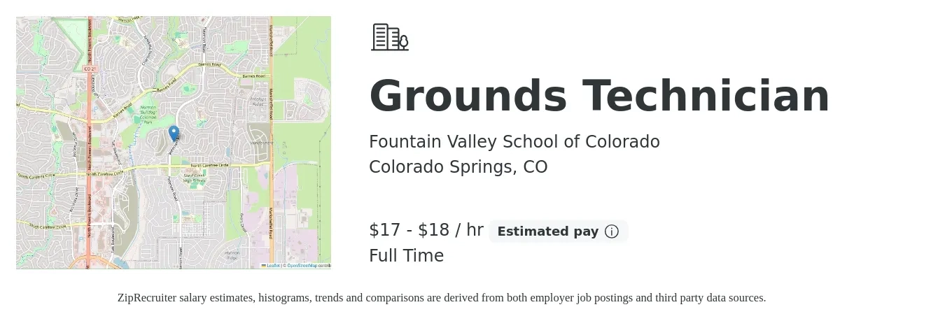 Fountain Valley School of Colorado job posting for a Grounds Technician in Colorado Springs, CO with a salary of $18 to $19 Hourly with a map of Colorado Springs location.