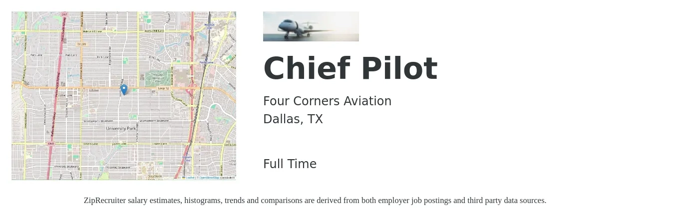 Four Corners Aviation job posting for a Chief Pilot in Dallas, TX with a salary of $120,700 to $204,800 Yearly with a map of Dallas location.