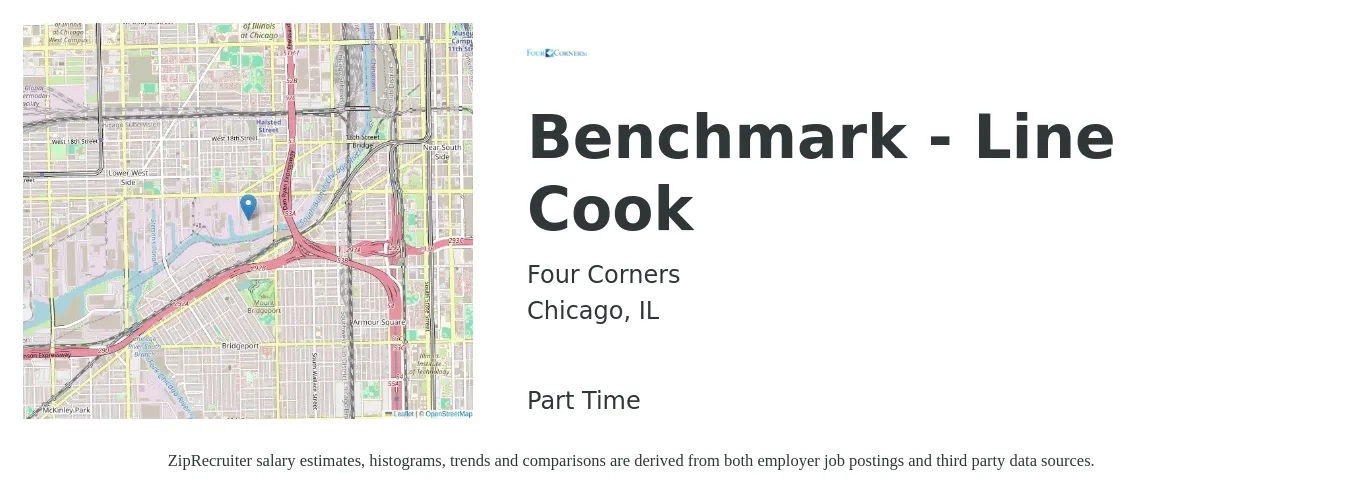 Four Corners job posting for a Benchmark - Line Cook in Chicago, IL with a salary of $16 to $20 Hourly with a map of Chicago location.