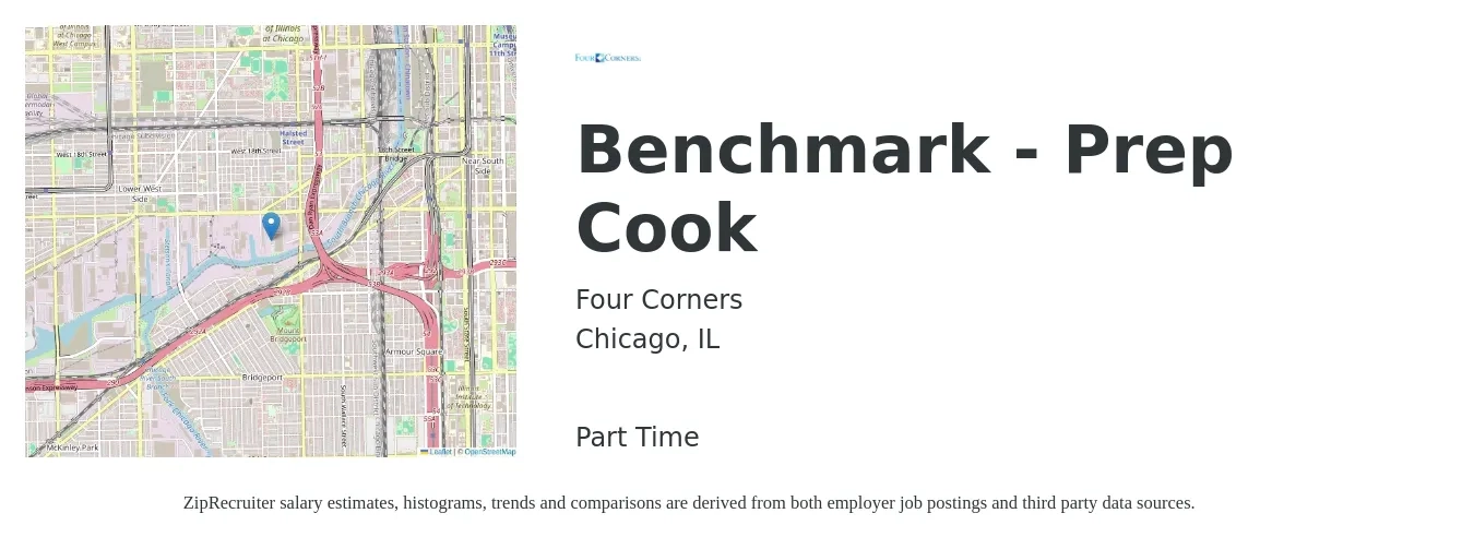 Four Corners job posting for a Benchmark - Prep Cook in Chicago, IL with a salary of $15 to $18 Hourly with a map of Chicago location.