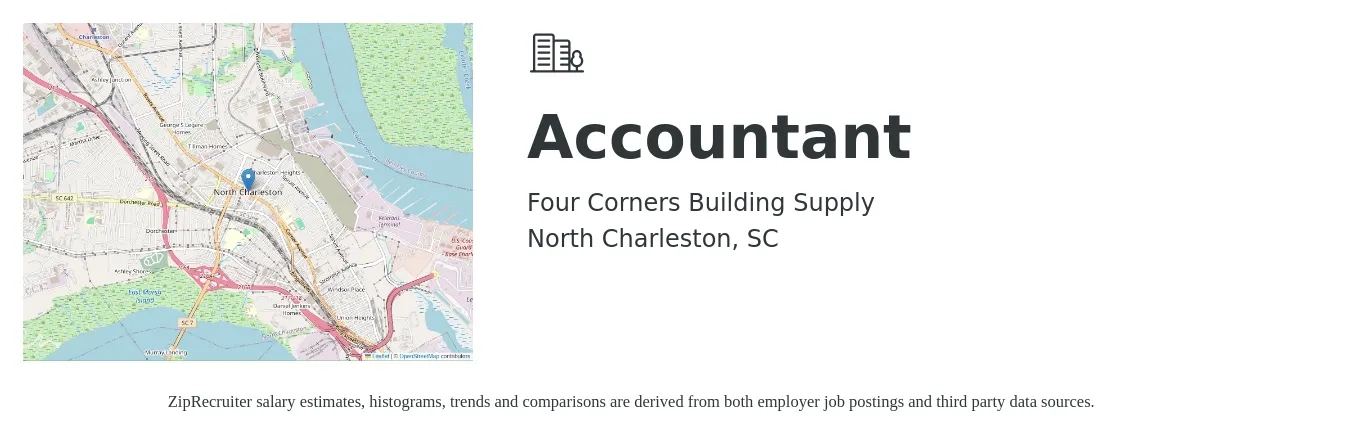 Four Corners Building Supply job posting for a Accountant in North Charleston, SC with a salary of $60,000 to $70,000 Yearly with a map of North Charleston location.