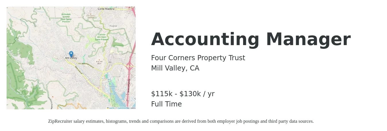 Four Corners Property Trust job posting for a Accounting Manager in Mill Valley, CA with a salary of $115,000 to $130,000 Yearly with a map of Mill Valley location.