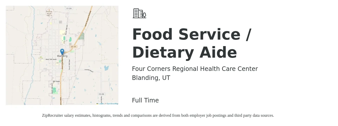 Four Corners Regional Health Care Center job posting for a Food Service / Dietary Aide in Blanding, UT with a salary of $10 to $12 Hourly with a map of Blanding location.