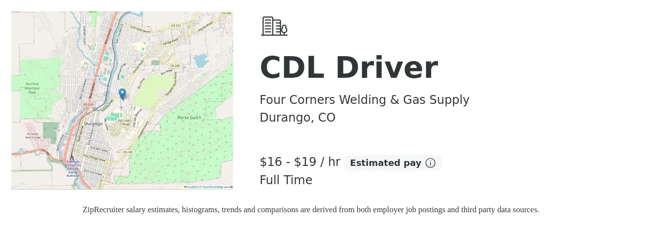 Four Corners Welding & Gas Supply job posting for a CDL Driver in Durango, CO with a salary of $18 to $20 Hourly with a map of Durango location.