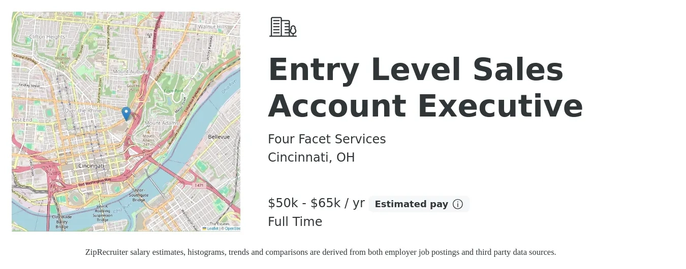 Four Facet Services job posting for a Entry Level Sales Account Executive in Cincinnati, OH with a salary of $50,000 to $65,000 Yearly with a map of Cincinnati location.