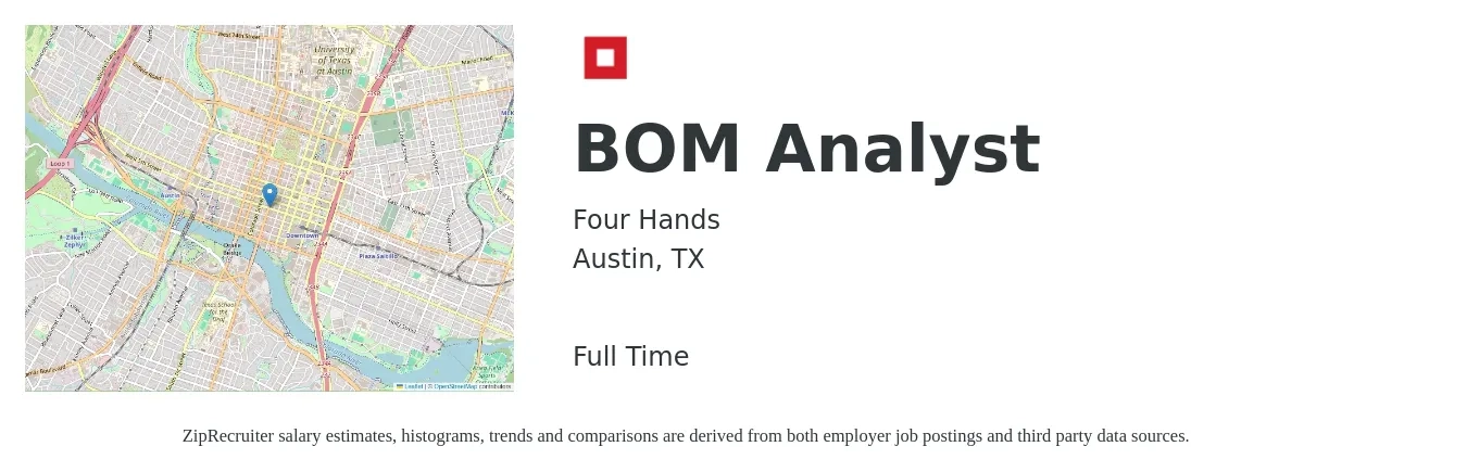 Four Hands job posting for a BOM Analyst in Austin, TX with a salary of $62,900 to $99,600 Yearly with a map of Austin location.