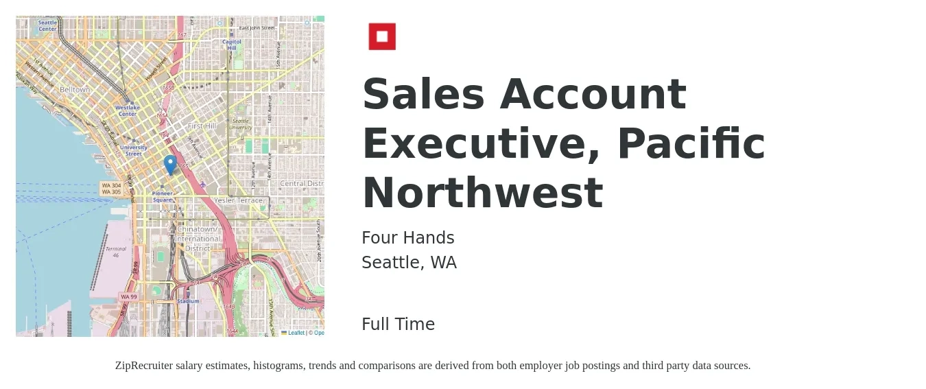 Four Hands job posting for a Sales Account Executive, Pacific Northwest in Seattle, WA with a salary of $60,900 to $95,600 Yearly with a map of Seattle location.