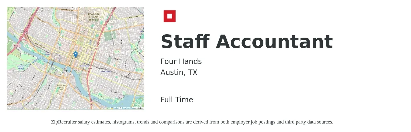 Four Hands job posting for a Staff Accountant in Austin, TX with a salary of $54,500 to $71,900 Yearly with a map of Austin location.