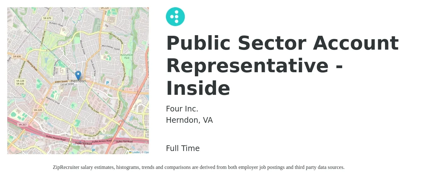 Four Inc. job posting for a Public Sector Account Representative - Inside in Herndon, VA with a salary of $14 to $26 Hourly with a map of Herndon location.