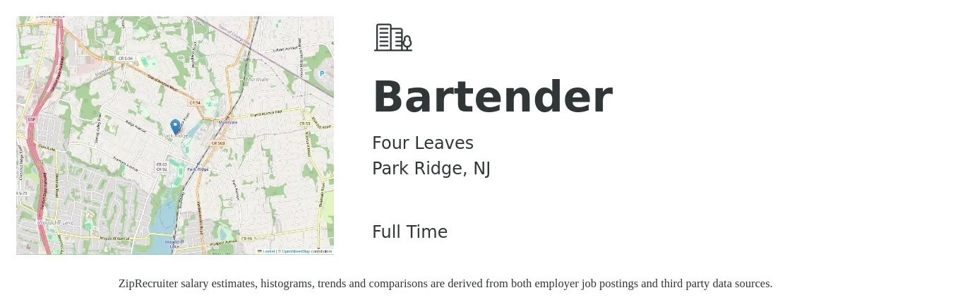 Four Leaves job posting for a Bartender in Park Ridge, NJ with a salary of $10 to $20 Hourly with a map of Park Ridge location.