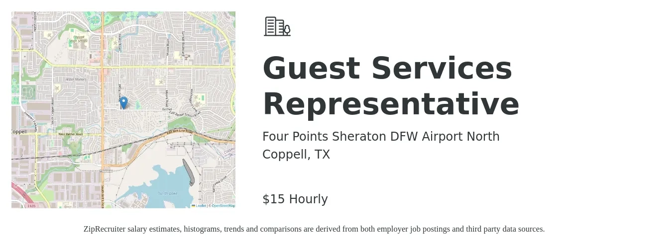 Four Points Sheraton DFW Airport North job posting for a Guest Services Representative in Coppell, TX with a salary of $16 Hourly with a map of Coppell location.