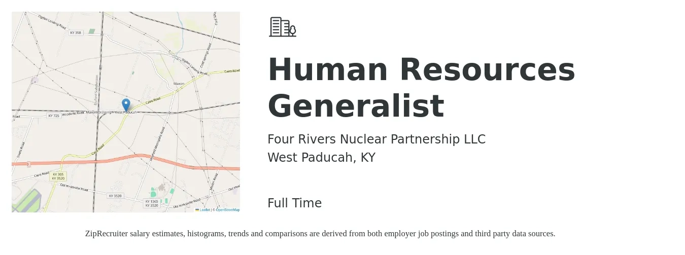 Four Rivers Nuclear Partnership LLC job posting for a Human Resources Generalist in West Paducah, KY with a salary of $45,600 to $64,900 Yearly with a map of West Paducah location.