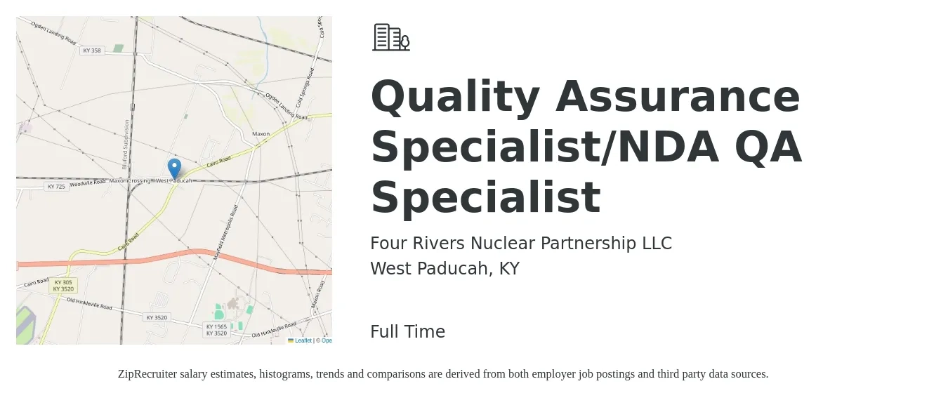 Four Rivers Nuclear Partnership LLC job posting for a Quality Assurance Specialist/NDA QA Specialist in West Paducah, KY with a salary of $50,000 to $74,100 Yearly with a map of West Paducah location.