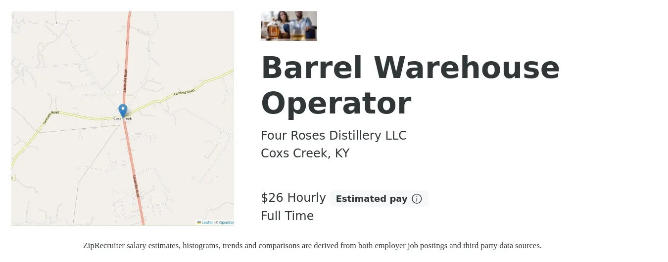 Four Roses Distillery LLC job posting for a Barrel Warehouse Operator in Coxs Creek, KY with a salary of $28 Hourly with a map of Coxs Creek location.