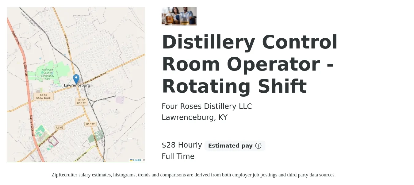 Four Roses Distillery LLC job posting for a Distillery Control Room Operator - Rotating Shift in Lawrenceburg, KY with a salary of $29 Hourly with a map of Lawrenceburg location.
