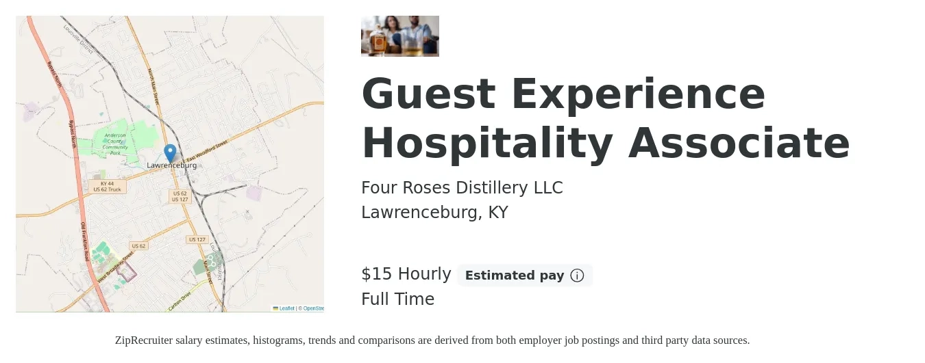 Four Roses Distillery LLC job posting for a Guest Experience Hospitality Associate in Lawrenceburg, KY with a salary of $16 Hourly with a map of Lawrenceburg location.