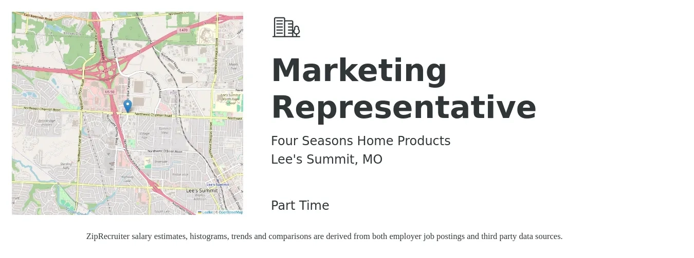 Four Seasons Home Products job posting for a Marketing Representative in Lee's Summit, MO with a salary of $32,700 to $46,100 Yearly with a map of Lee's Summit location.