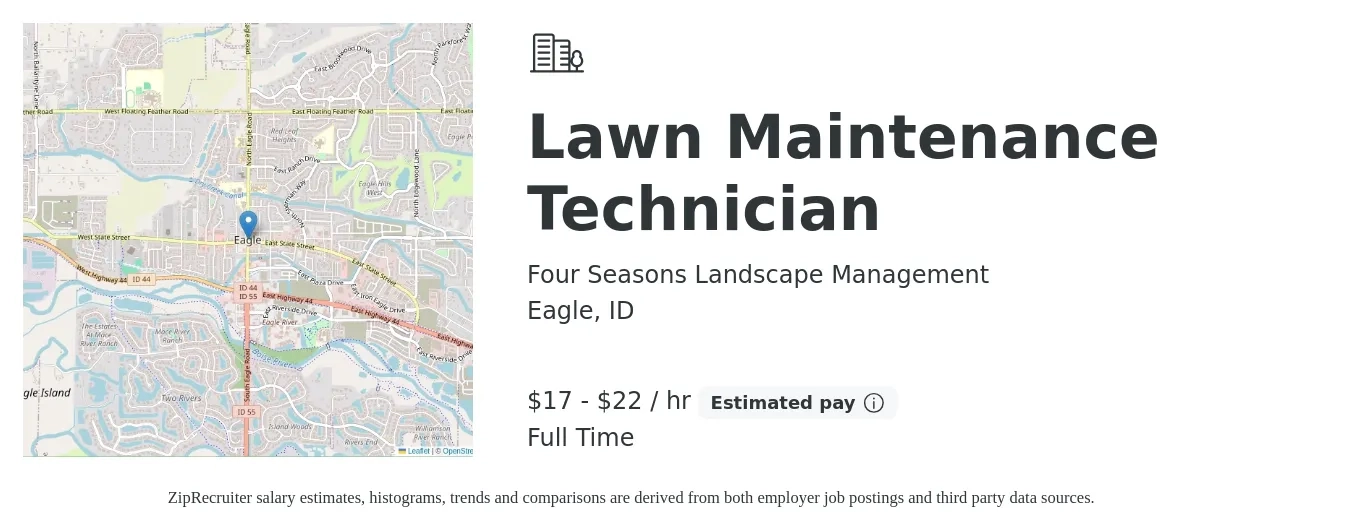 Four Seasons Landscape Management job posting for a Lawn Maintenance Technician in Eagle, ID with a salary of $18 to $23 Hourly with a map of Eagle location.