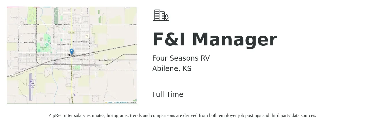 Four Seasons RV job posting for a F&I Manager in Abilene, KS with a salary of $67,300 to $101,000 Yearly with a map of Abilene location.