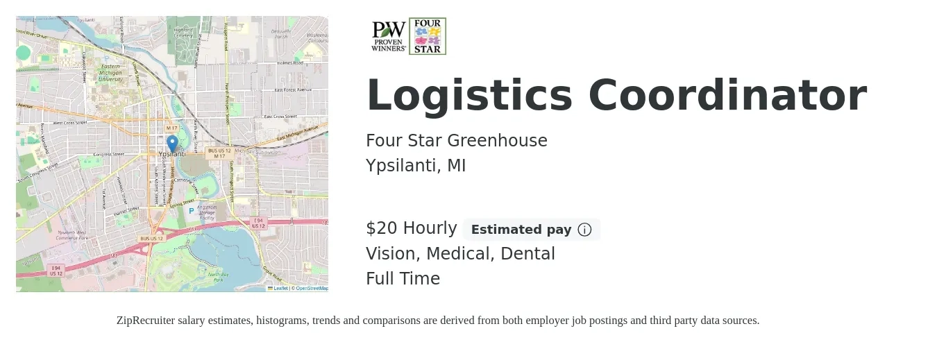Four Star Greenhouse job posting for a Logistics Coordinator in Ypsilanti, MI with a salary of $21 Hourly and benefits including retirement, vision, dental, life_insurance, and medical with a map of Ypsilanti location.