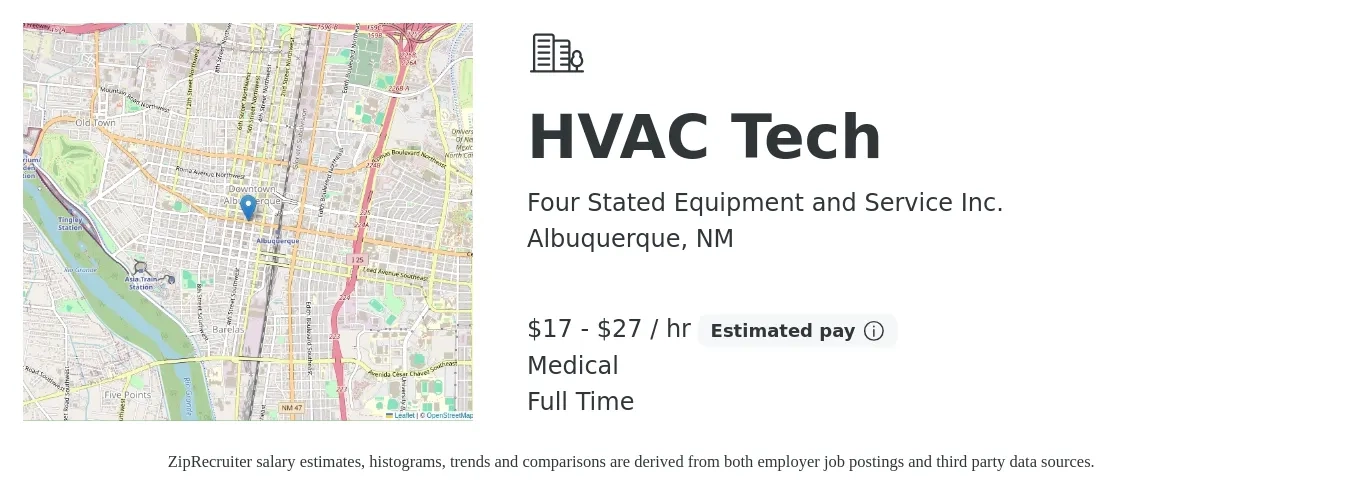 Four Stated Equipment and Service Inc. job posting for a HVAC Tech in Albuquerque, NM with a salary of $18 to $28 Hourly and benefits including medical with a map of Albuquerque location.