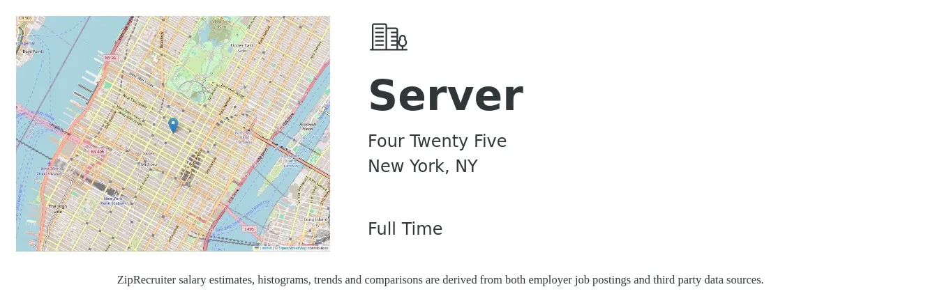 Four Twenty Five job posting for a Server in New York, NY with a salary of $12 to $20 Hourly with a map of New York location.