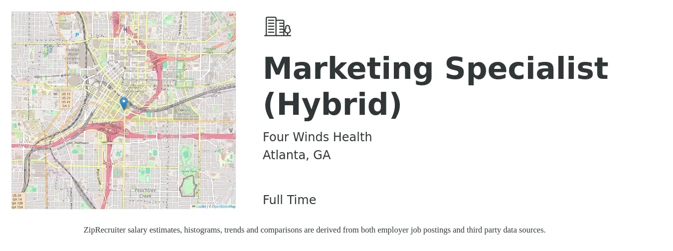 Four Winds Health job posting for a Marketing Specialist (Hybrid) in Atlanta, GA with a salary of $45,100 to $66,500 Yearly with a map of Atlanta location.