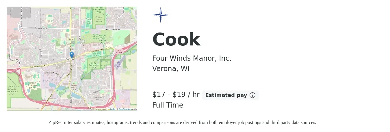 Four Winds Manor, Inc. job posting for a Cook in Verona, WI with a salary of $18 to $20 Hourly with a map of Verona location.